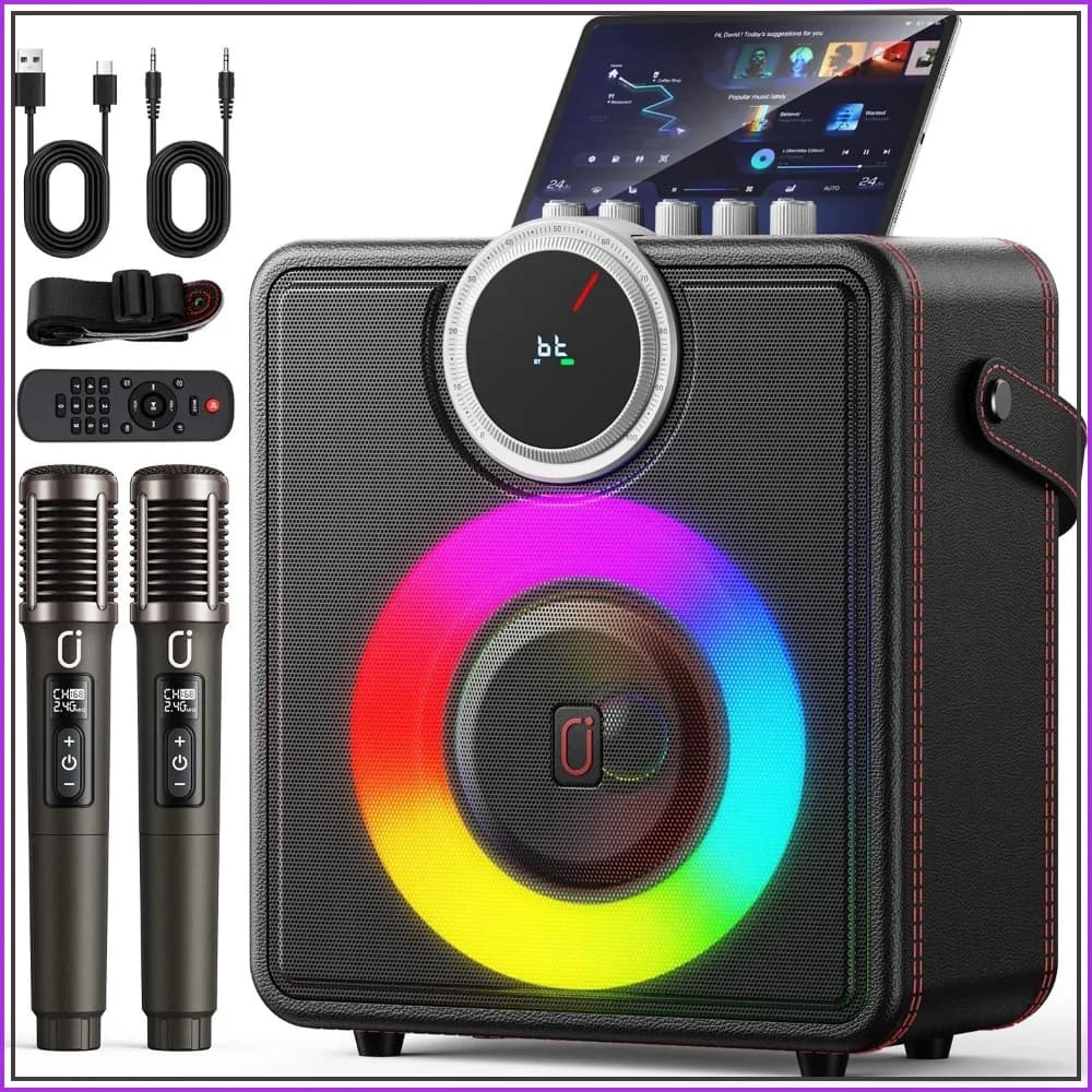 200W Retro Leather Karaoke Machine, 2 Wireless Mics, 24H Battery, LED Light Show, TWS
