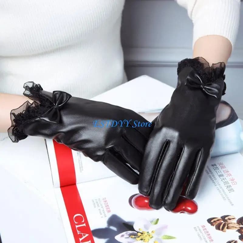 G6DE Guanti caldi in ecopelle con fiocco in pizzo Guanti da sci da donna con intere Accessori invernali da donna eleganti