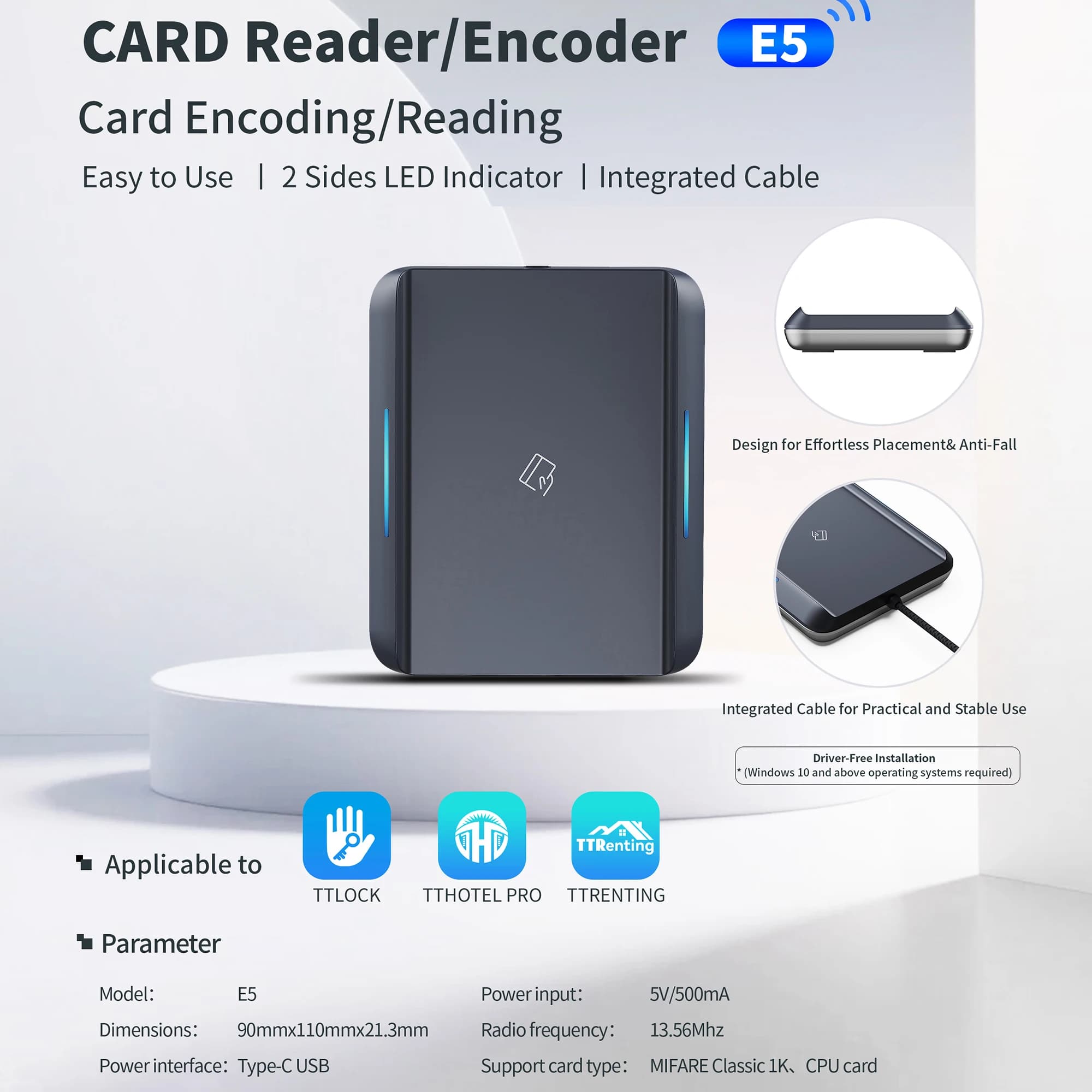 Lettore di schede smart TTLOCK NFC 13.56M M1, scanner di chip RFID per software di sistema TT Renting per hotel e appartamenti