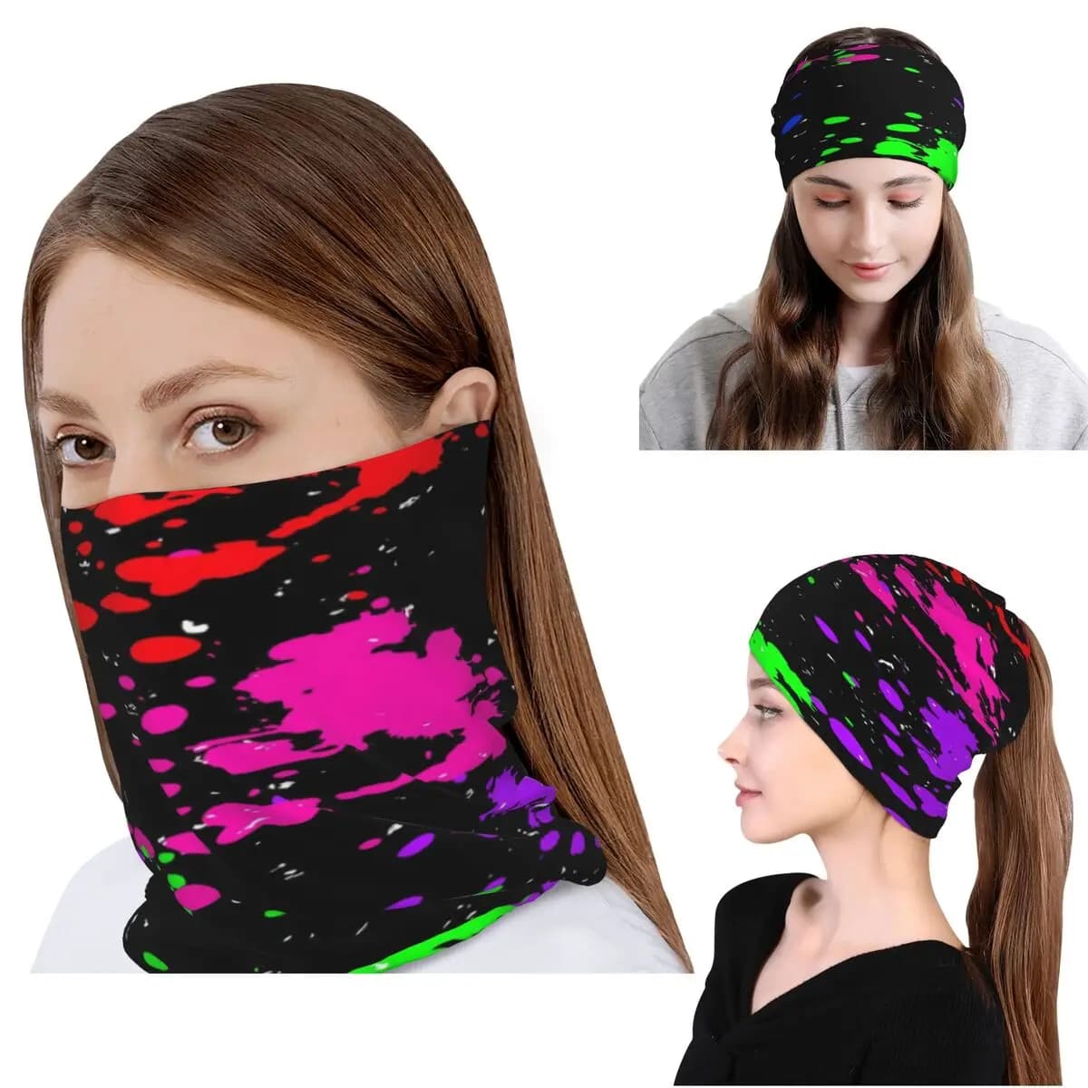 Colorful Graffiti Splatter Print Bandana Neck Cover Wrap Scarf Multifunction Face Mask Beanies Hat Unisex Adult Breathable