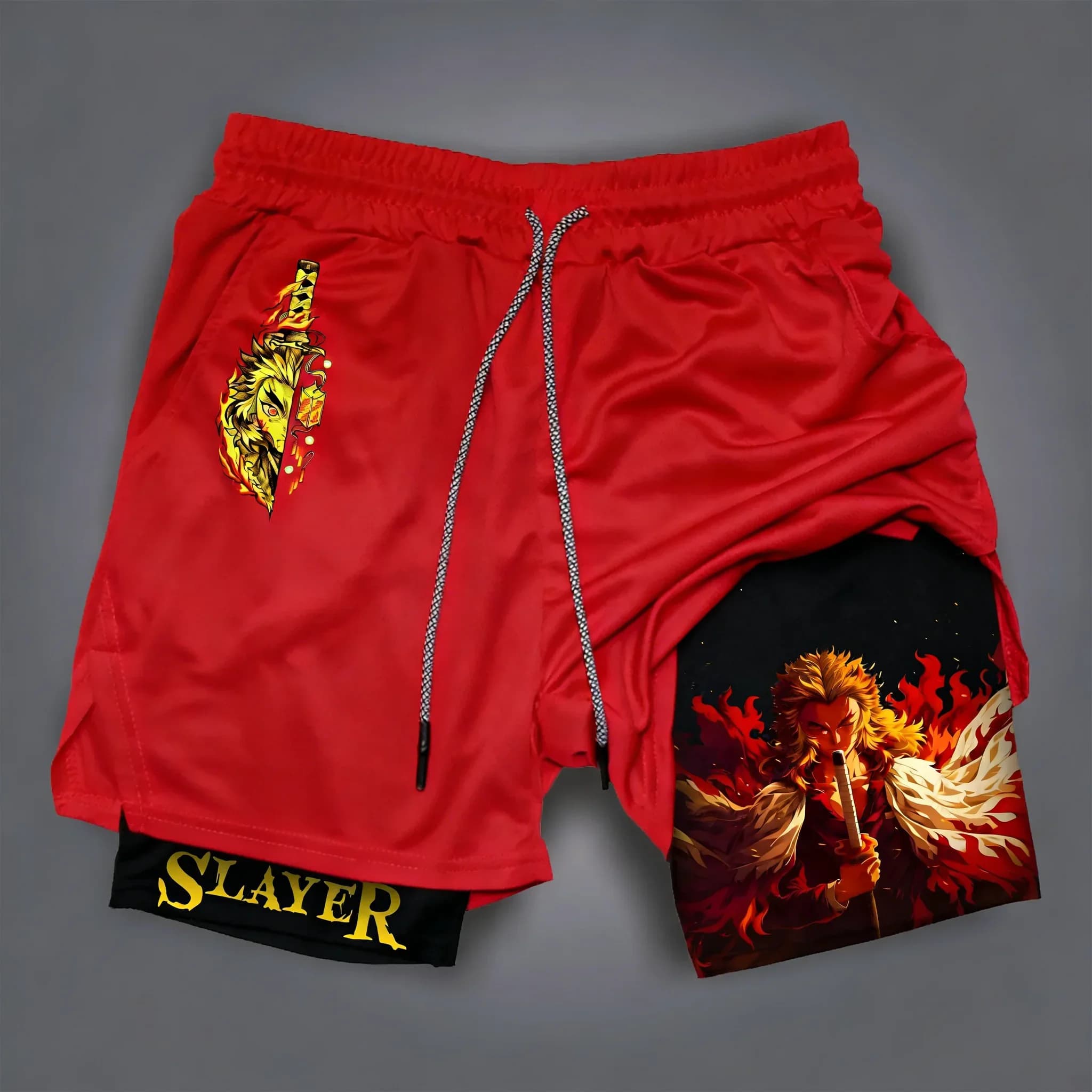 Unisex 2-in-1 Sports Shorts Demon Slayer, New Swimming and Running Shorts with Anime Rengoku Kyoujurou Print, Rapid Drying