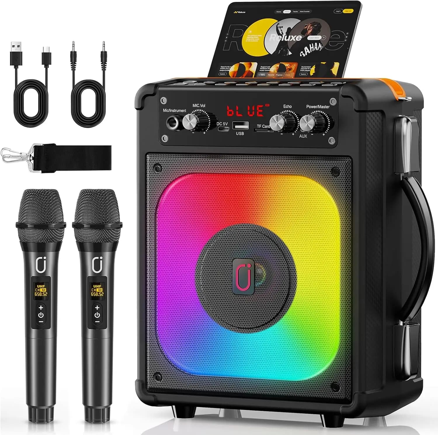 Macchina per Karaoke Portatile Bluetooth 5.3 con 2 Microfoni Wireless, Eco, TWS, USB/TF/AUX, per Feste in Casa