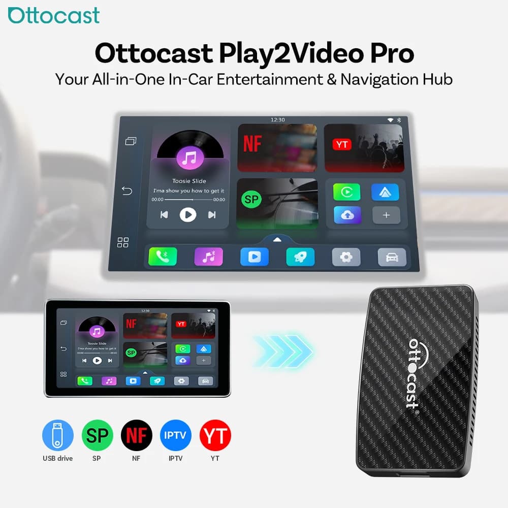 Ottocast Play2Video Pro 2026 Box AI Wireless per Android Auto e CarPlay, Streaming Video in Auto, YouTube, Netflix, IPTV, USB Plug & Play