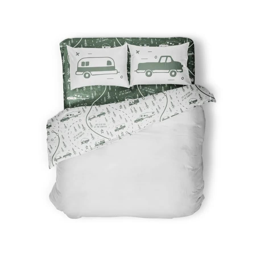 Set of sheets for double bed RV, green with map, polyester 53476