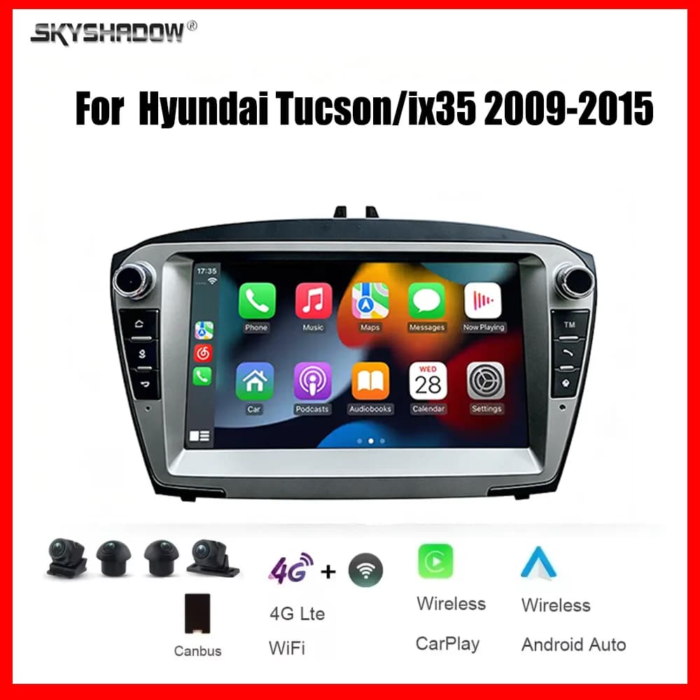 Autoradio multimediale per auto da 8 pollici con CarPlay, Android 12G+256G, 4G, Wi-Fi, Bluetooth, GPS, navigazione, per Hyundai Tucson/ix35 2009-2015