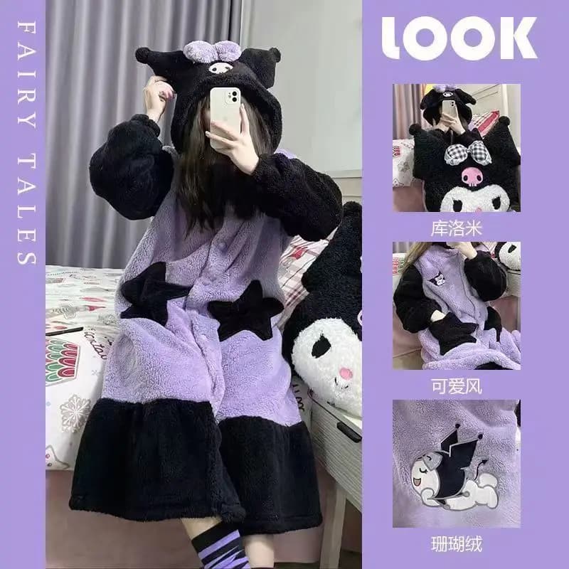 Sanrio Kuromi Pigiama Kawaii Donna Veste Inverno Corallo Velluto Cartoon Camicia da notte Coppia Anime Accappatoio lungo Casual Caldo Abbigliamento per la casa