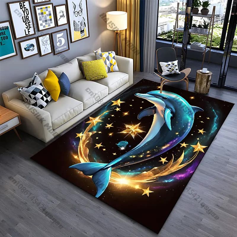 Tappeto con stelle celesti e delfini magici, tappeto da yoga, decorazione per soggiorno, tappetino per gattonare per bambini, tappetino per gioco