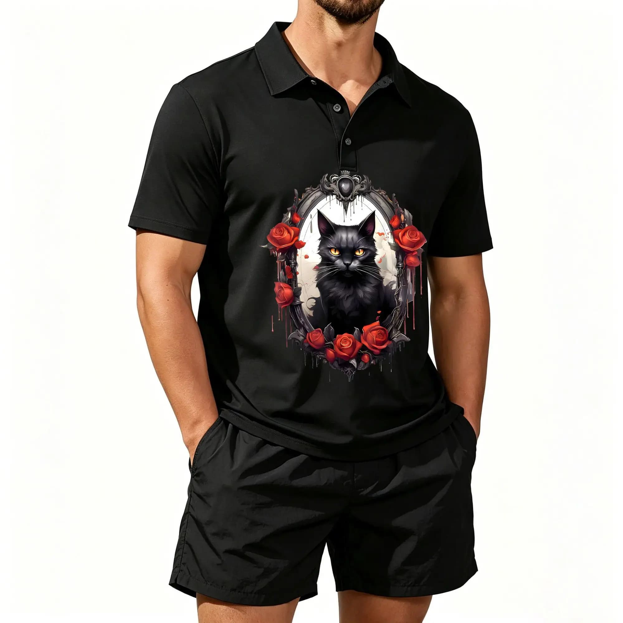 Men's Polo Beach Shorts Two-Piece Set, Retro Gothic Rose Cool Cat Print, Dark Style Pattern for Cat Lovers, Casual and Comfortable, Well-Fitted