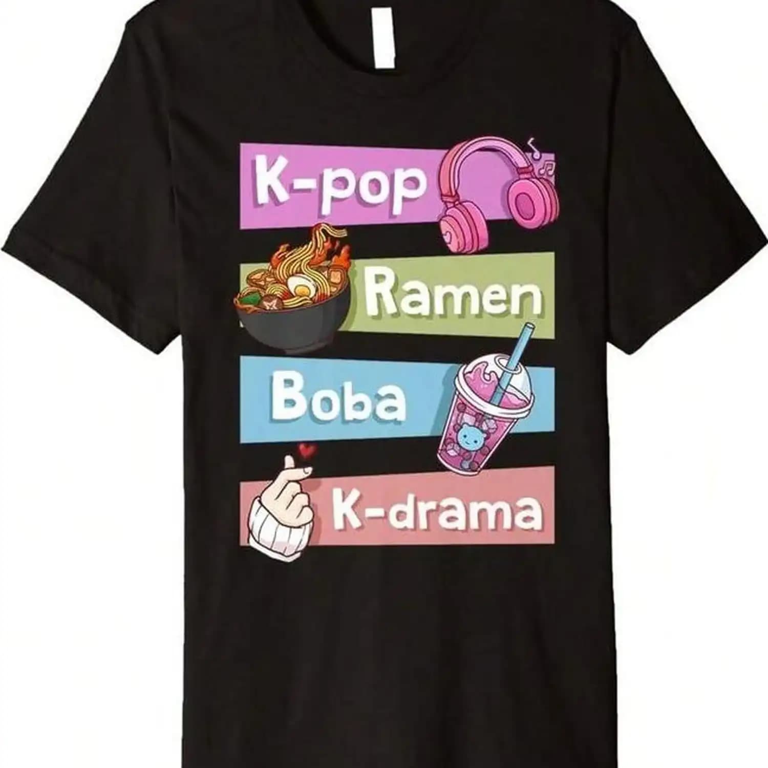 K-Pop Korean Drama Ramen Boba Milk Tea Pearl Milk Tea Korean Pop Music Premium T-Shirt Loose Short-Sleeve Classic Heavy Cotton T-Shirt Printed Pattern T-Shirt Women's Casual Short-Sleeve Top