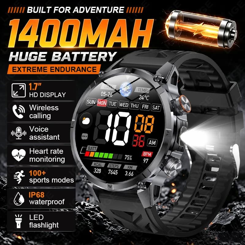 LIGE New Fashion Smart Watch 1400mAh Battery 1.7'' HD Screen 100+Sports Mode Waterproof LED Light Bluetooth Call Men Smartwatch