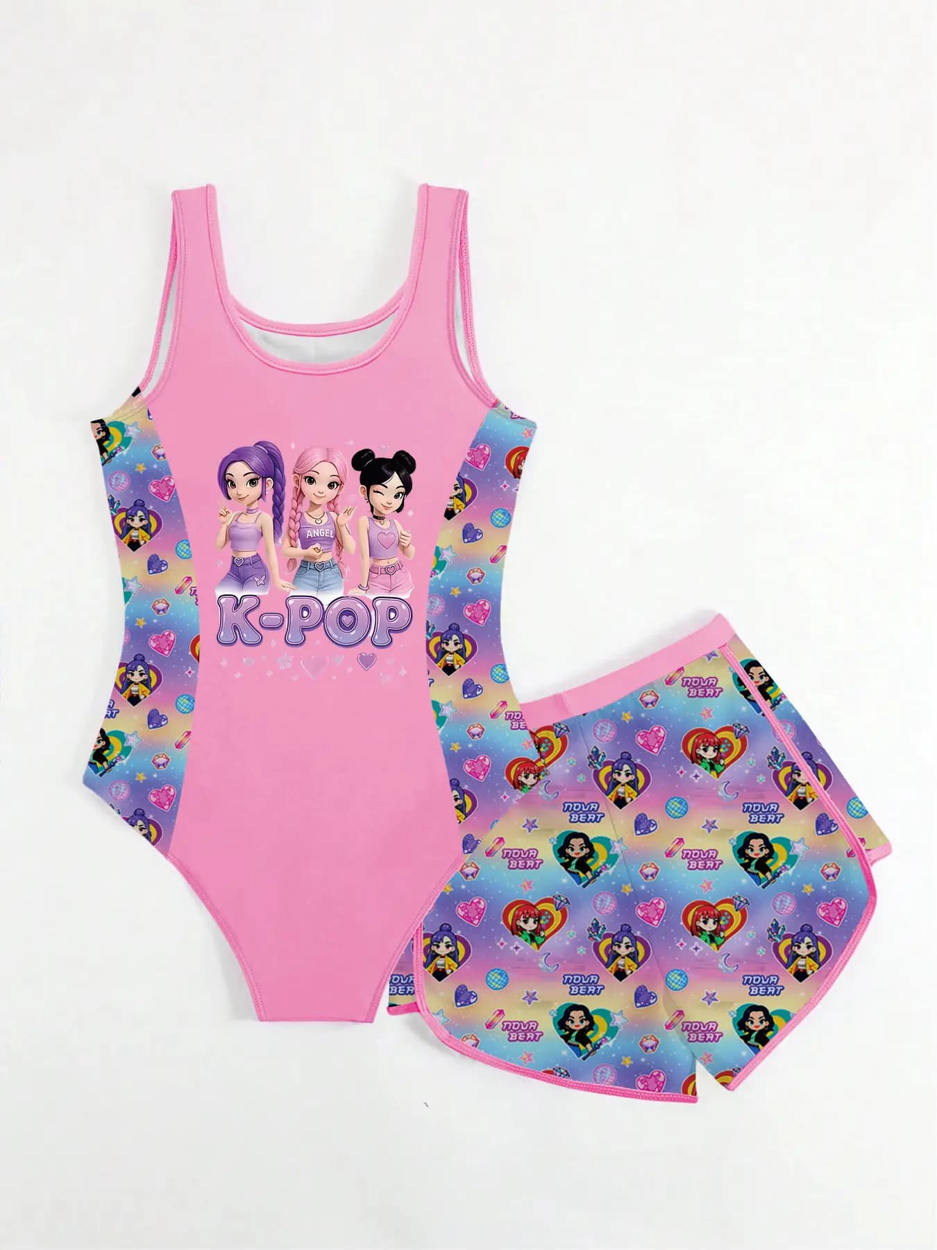 Costume da bagno intero UPF 50+ con stampa anime K-POP per bambine, set 2 pezzi con pantaloncini copricostume, ad asciugatura rapida per l'estate, la spiaggia e la piscina