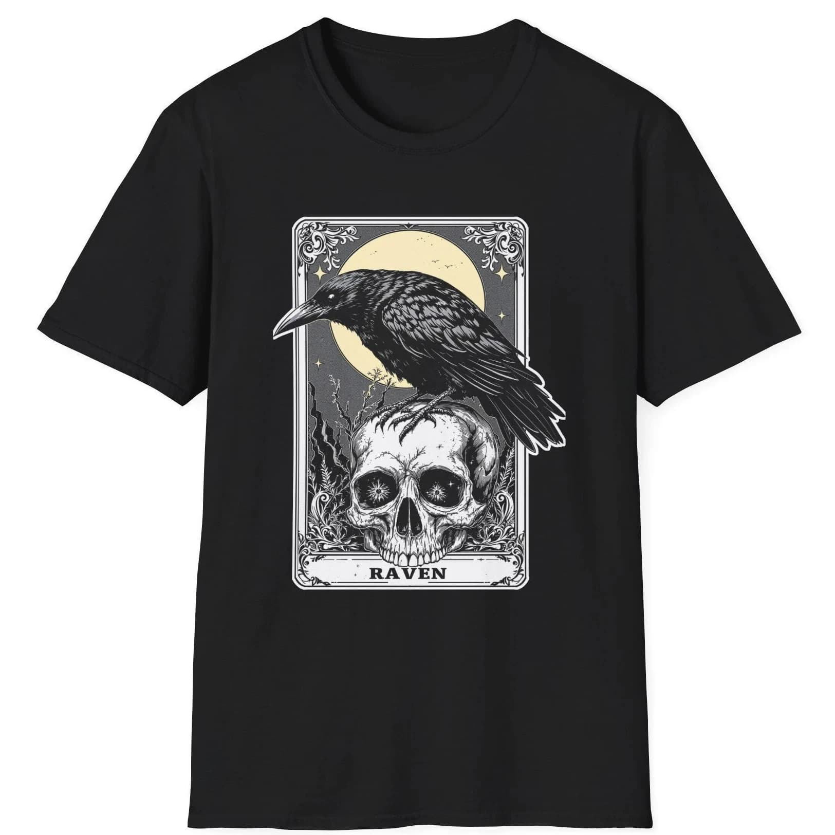 Nuova T-shirt Morbida Nera con Stampa Corvo Stile Street Gothic, Maglietta con Carta dei Tarocchi Corvo, T-shirt da Uomo per Streetwear