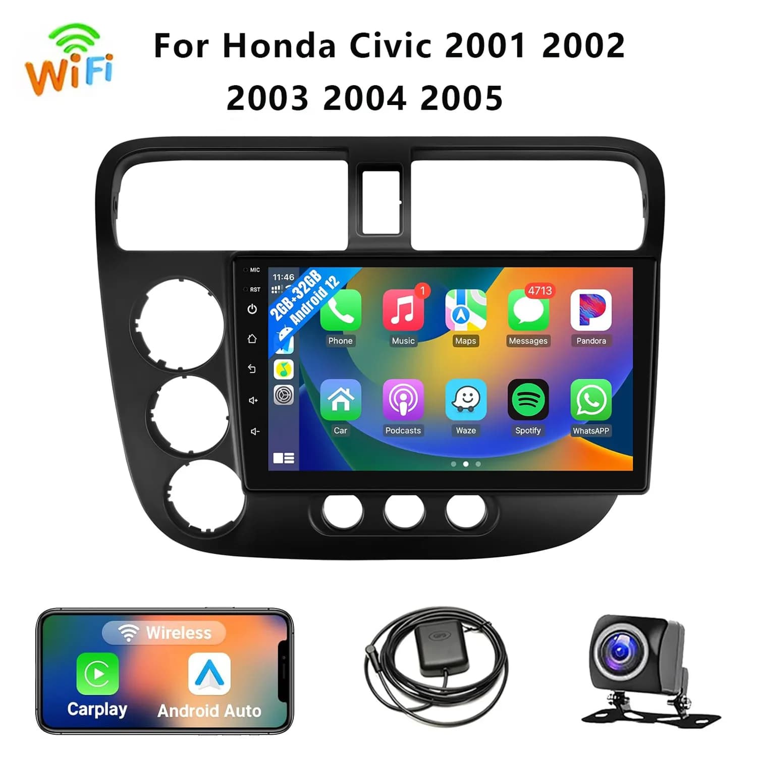 9" Wireless Autoradio for Honda Civic 2001-2005 HD Touchscreen CarPlay Android Auto Video player for cars with GPS WiFi Backup camera