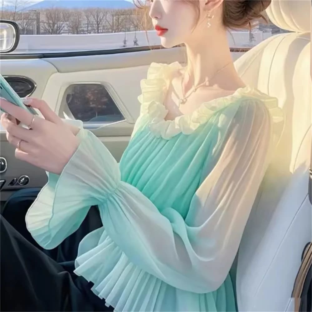 2025 Spring Summer New Vintage Patchwork Chiffon Blouse Women's Fashion Shirts Smooth Sleeve Shirts Pleated T-shirts