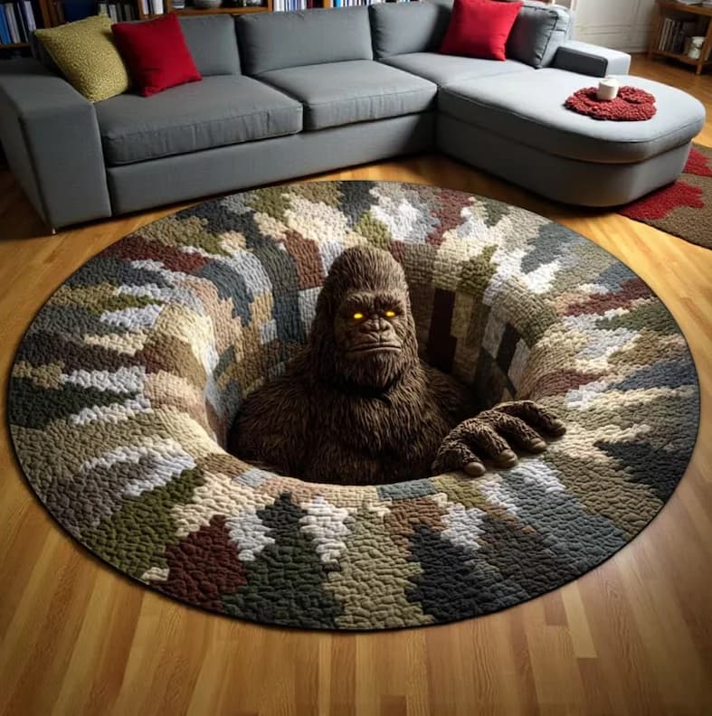 Tappeto Rotondo con Illusione 3D di Bigfoot, Divertente Tappeto a Forma di Mostro, Antiscivolo per Soggiorno e Decorazione Casa