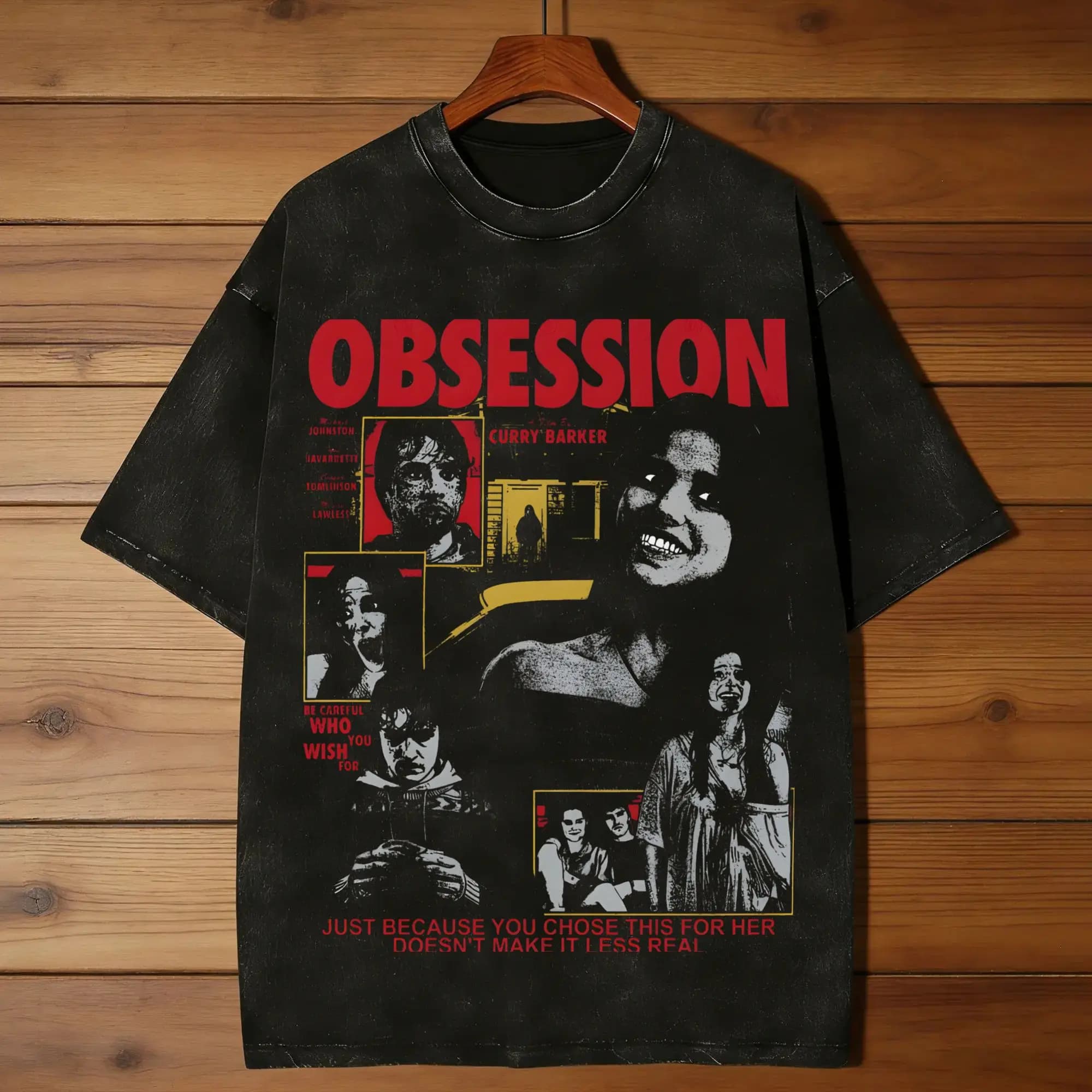T-shirt da uomo lavata effetto vintage con stampa del film Obsession, divertente, in cotone, girocollo, estiva, per il tempo libero, taglie forti