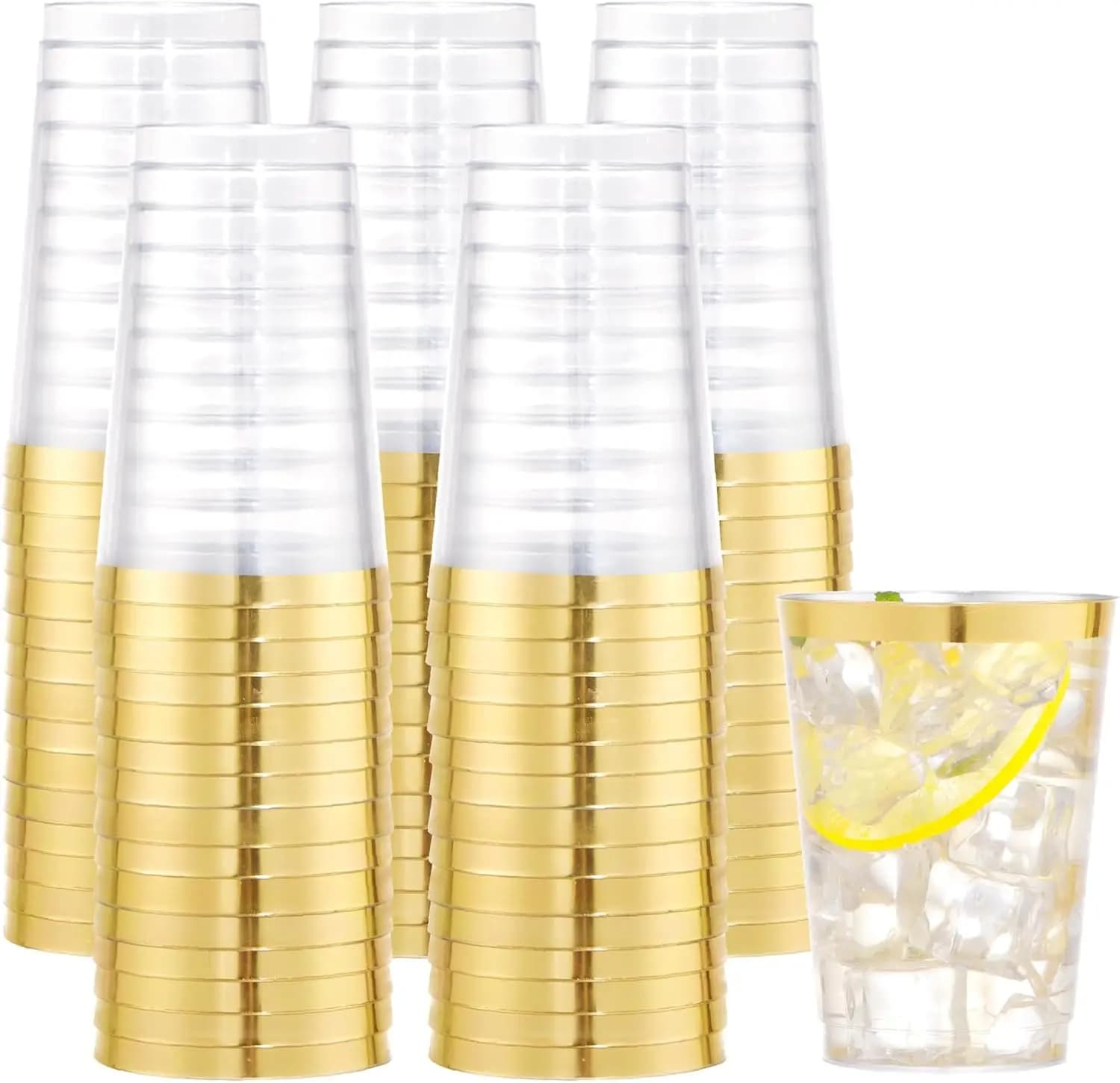 100 PCS Gold Plastic Cups, 10 oz Clear Cups with Gold Trim, Disposable Beer Mugs for Party