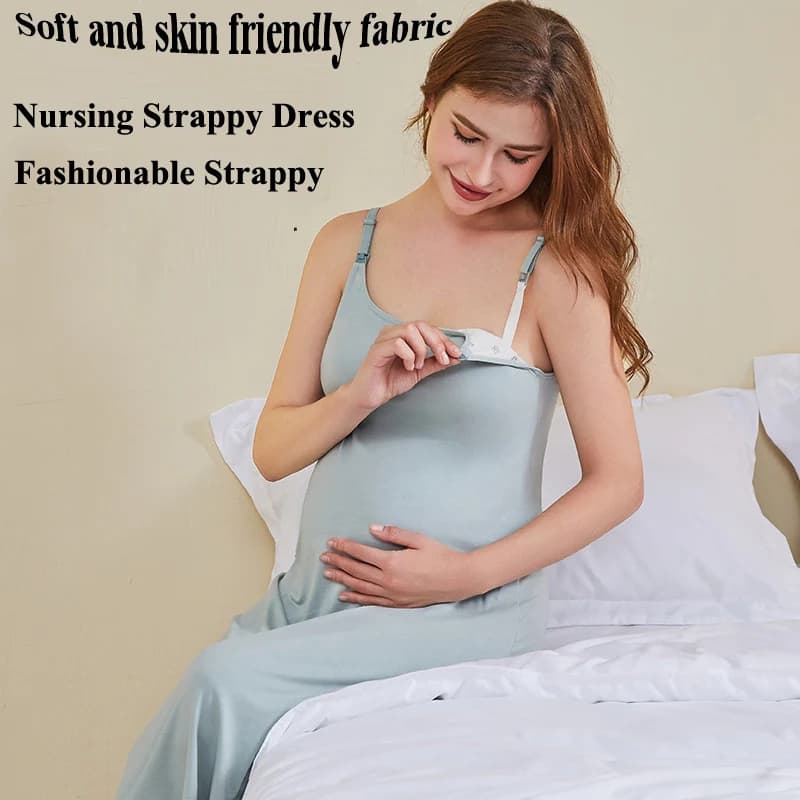 Women's Maternity Nursing Tank Dress with Built-in Bra Breastfeeding Long Sleeveless Nightdress for Pregnant Nursing Mothers