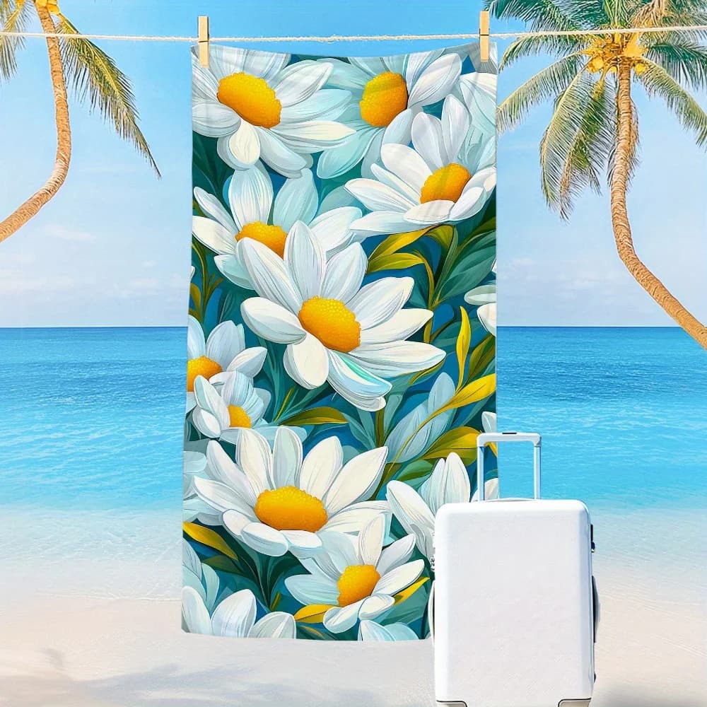1 telo mare oversize: motivo floreale moderno, margherite bianche con cuore giallo, perfetto per la spiaggia, la piscina, i viaggi
