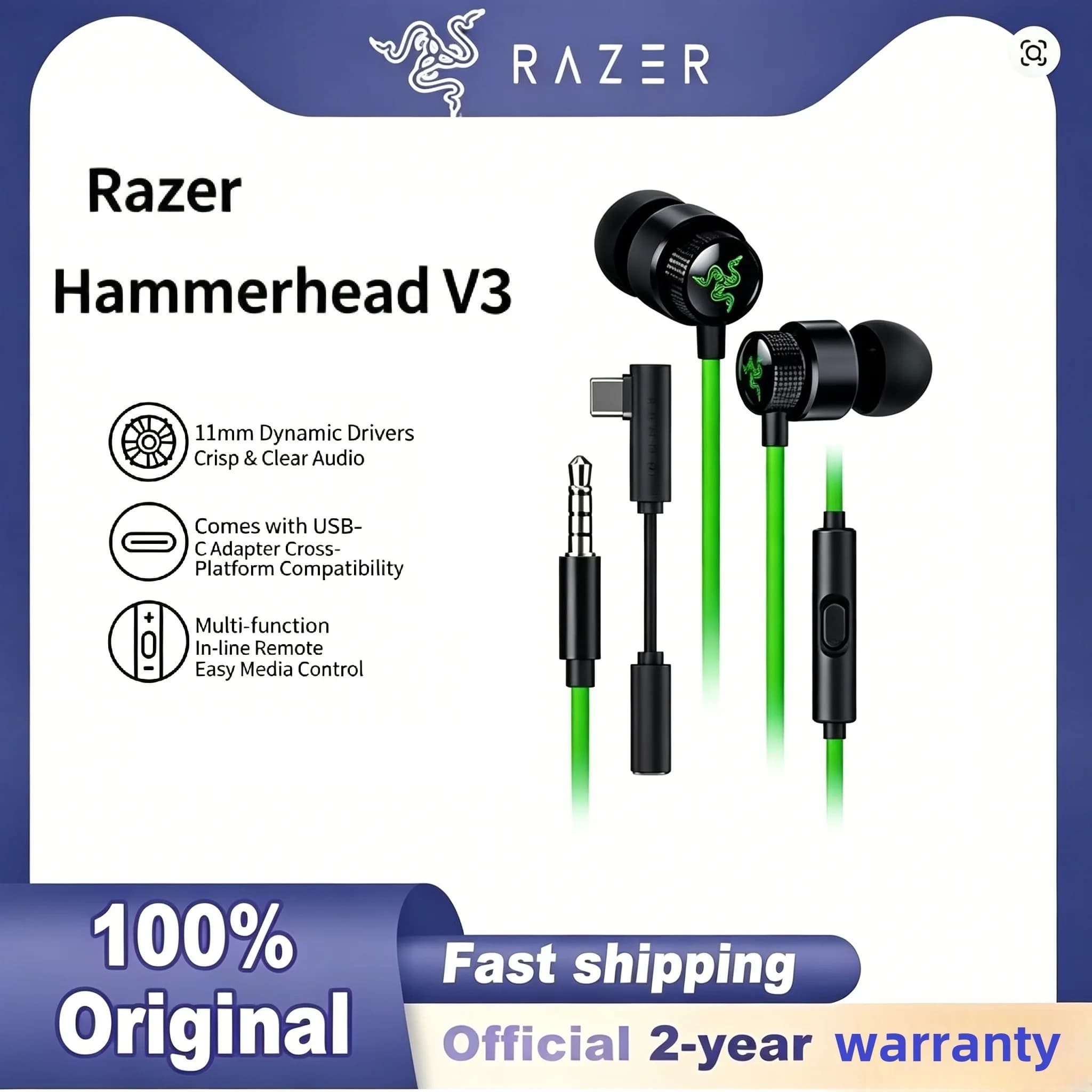 Razer Hammerhead V3 Wired headset Multi-Platform Earbuds For PS4,PC,Mac,Mobile,Xbox,Switch Gaming Earphone 3.5mm & USB Type C