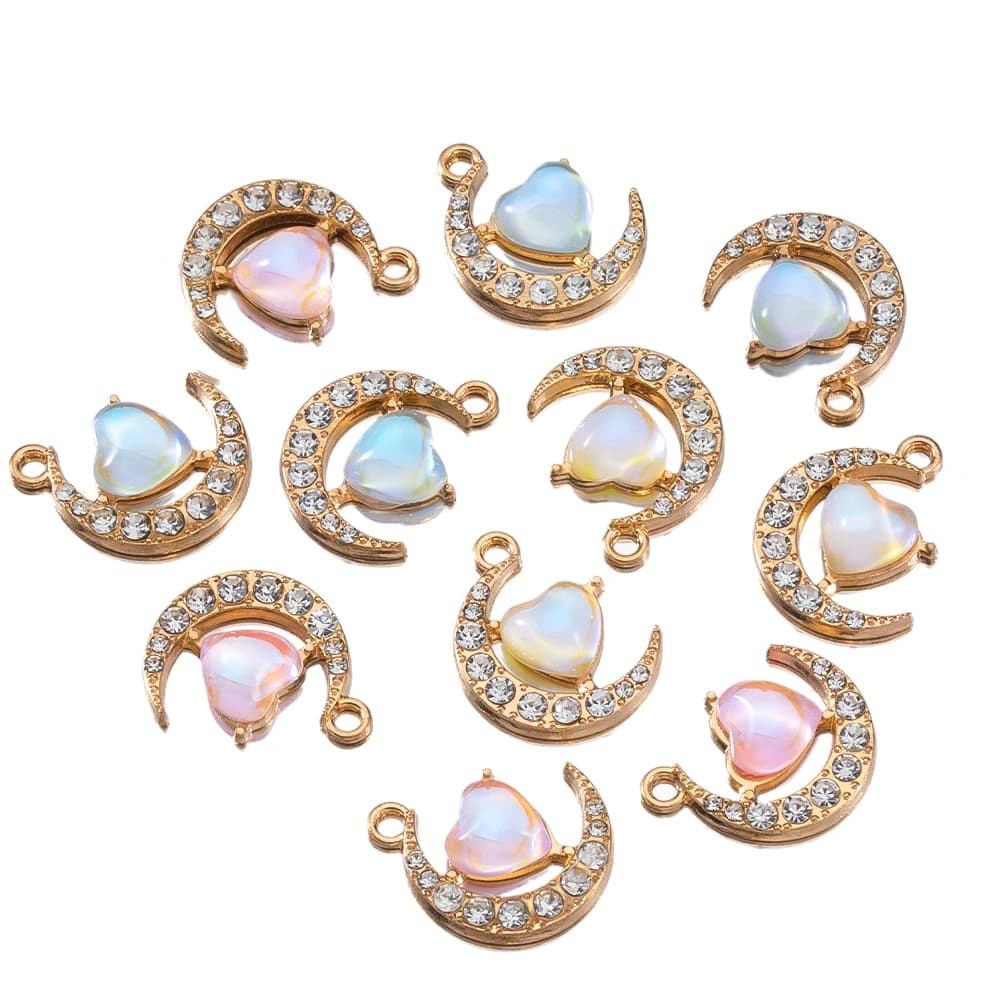 10 Pieces Y2K Rhinestone Metal Moon Heart Pendants With Zirconia Beads Necklace Bracelet Woman Necklace Creation of DIY Jewelry