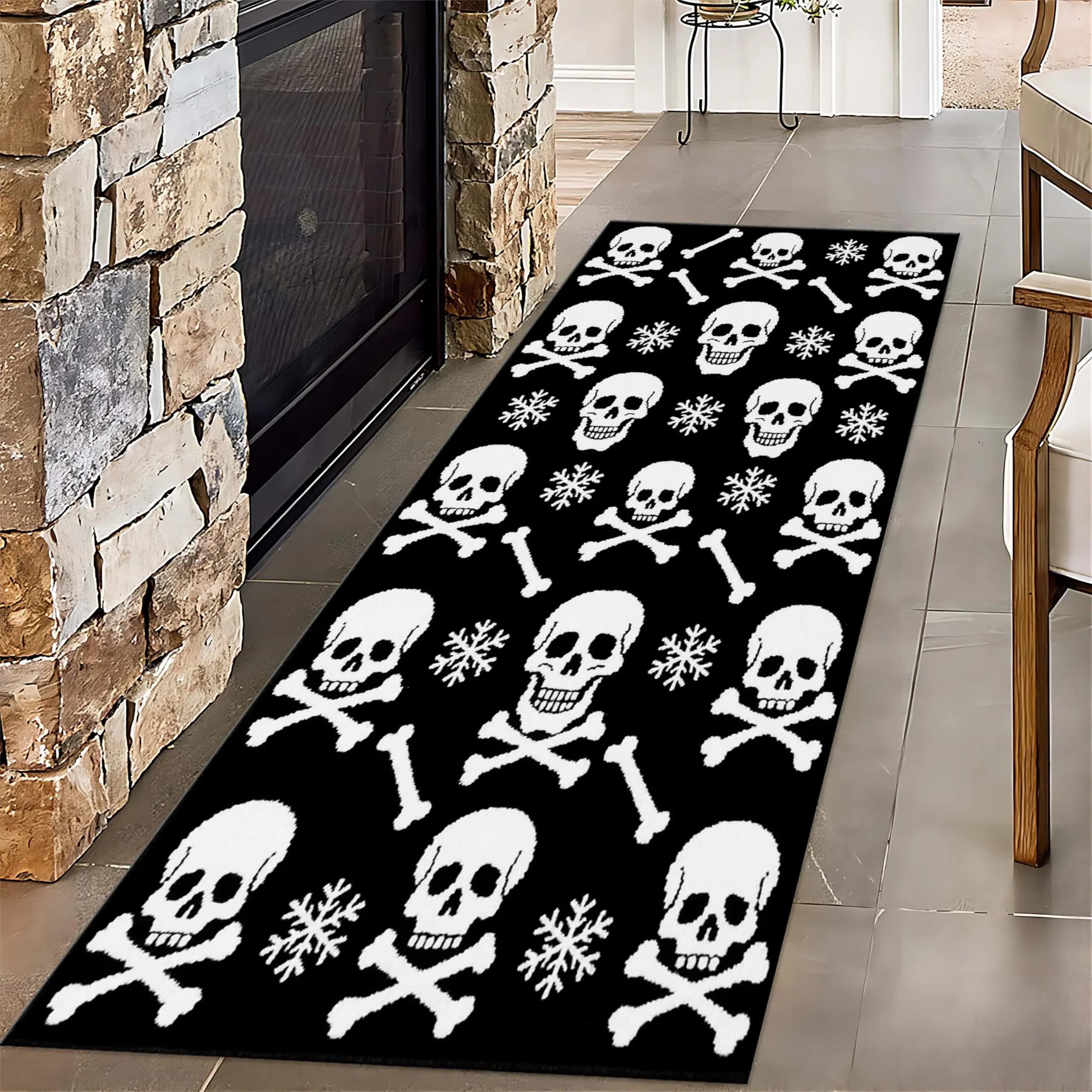 Gothic Aesthetic Long Mat Skull Crossbones Area Carpet Halloween Snowflake Runner Hallway Kitchen Corridor Floor Rug