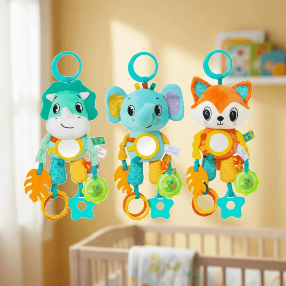 Giocattolo Sensoriale Morbido e Sonoro in Peluche con Suono Squittente, Animale di Peluche con Funzione Sonaglio e Dentaruolo, Ideale per Passeggino