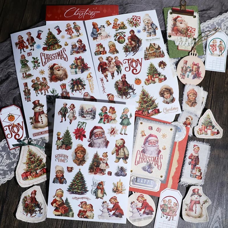 3 Sheet Large Christmas RUB ON Transfer Stickers Junk Journal Vintage Girl Boy Stickers Handmade DIY Album Scrapbooking Material