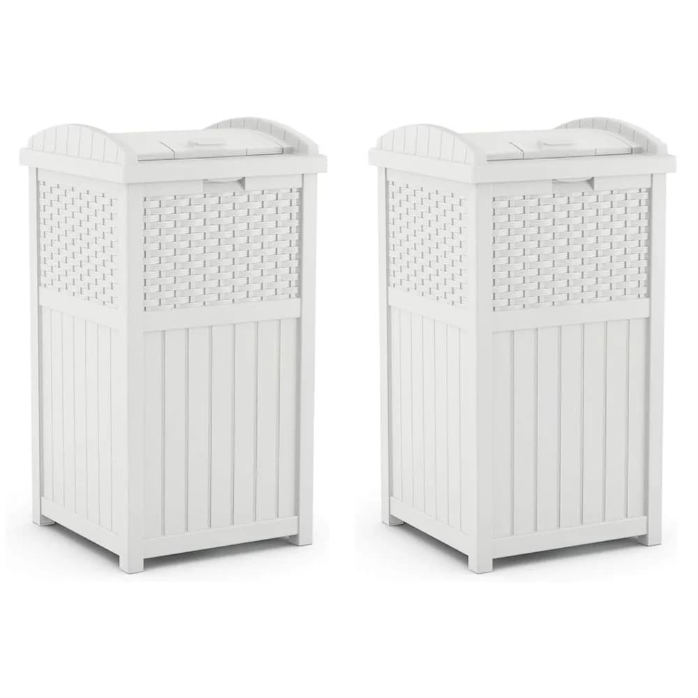 Bidone della spazzatura da 33 galloni per esterni in plastica di vimini con coperchio a scatto per uso in cortile, terrazza o patio, bianco (2 pacchi