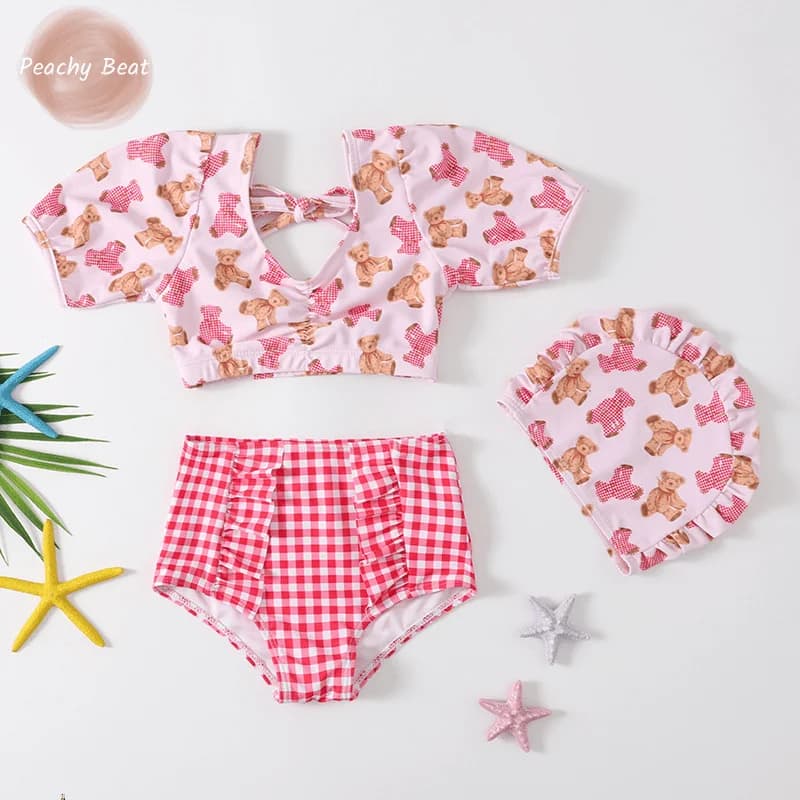 Top + Scottish shorts + cap 3 pieces newborn baby bear print swimsuits swimsuits summer clothes for children 1-12 years old