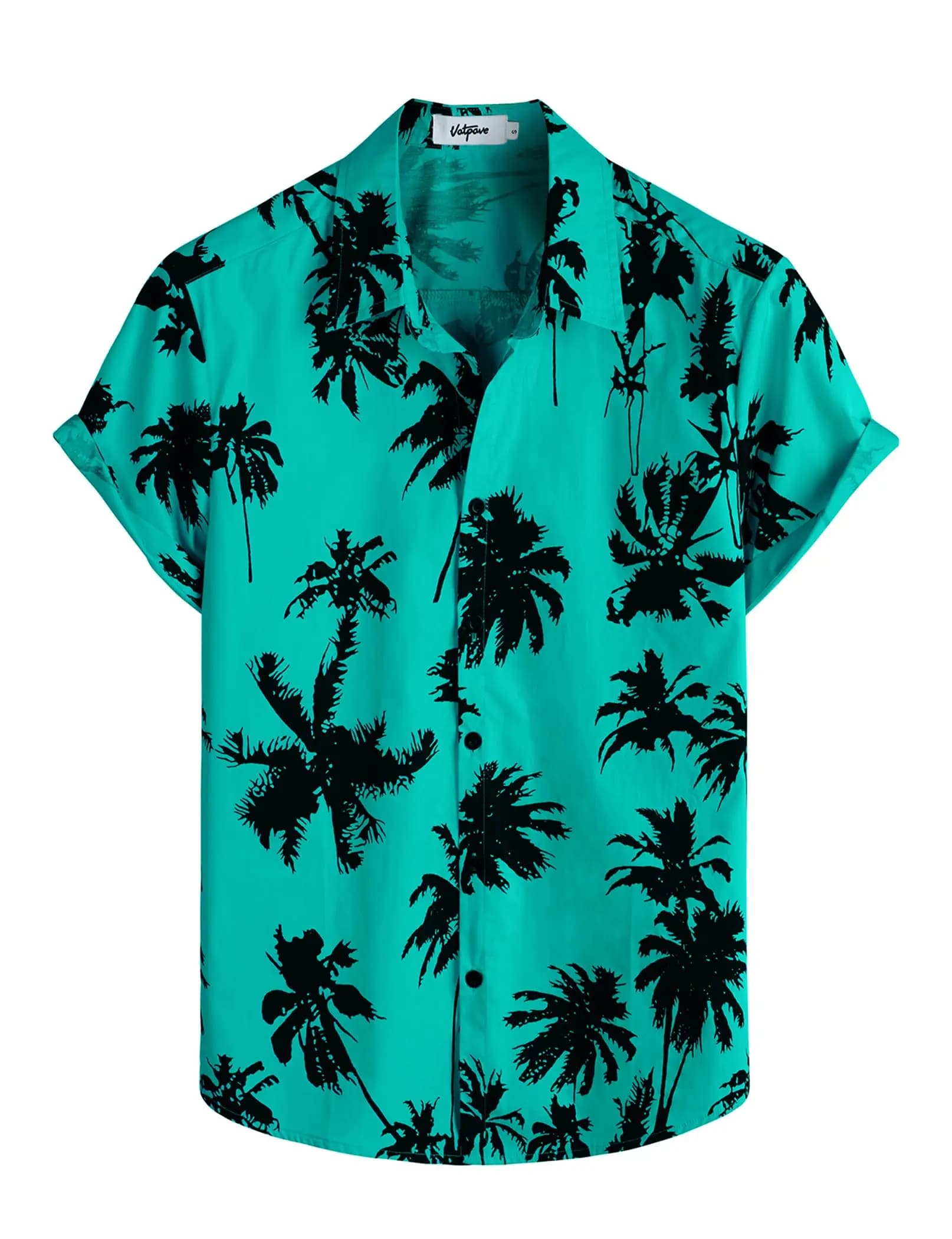 Men's Hawaiian Short Sleeve Shirt, Green Coconut Tree Print Camp Collar Top, Loose Blouse For Beach Vacation Daily