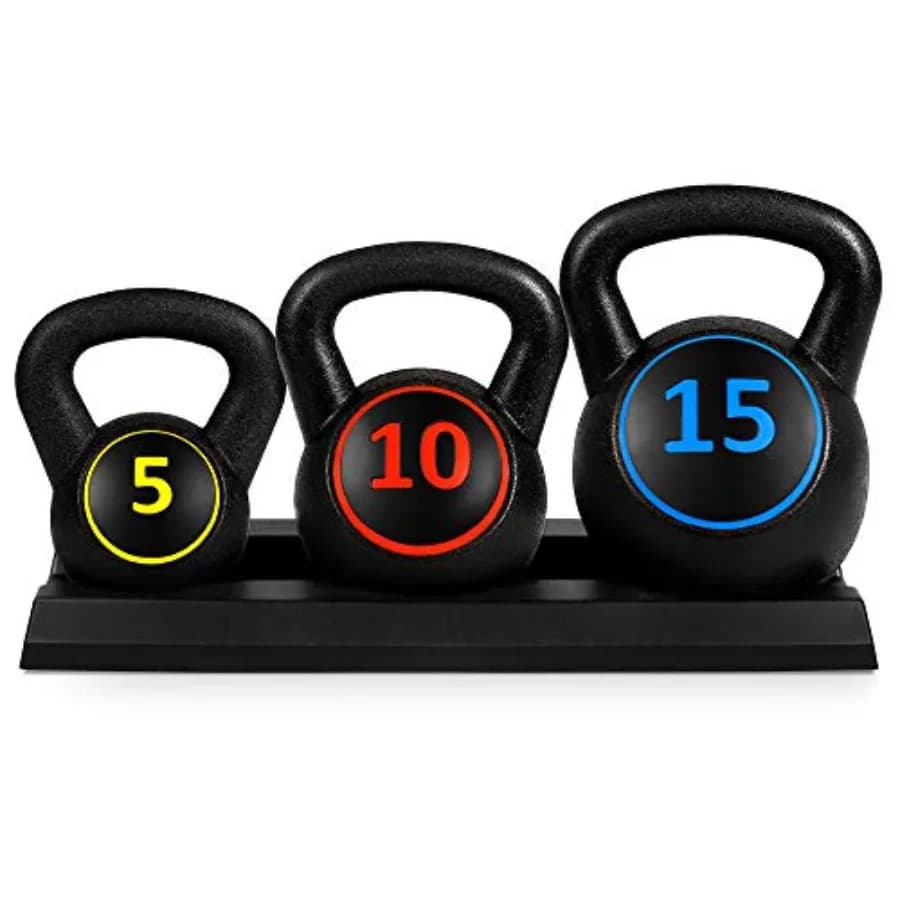 Set di 3 Kettlebell per Allenamento HIIT e Potenziamento Muscolare a Casa con Supporto: Pesi in Cemento Rivestiti in HDPE Neri 5lb/10lb