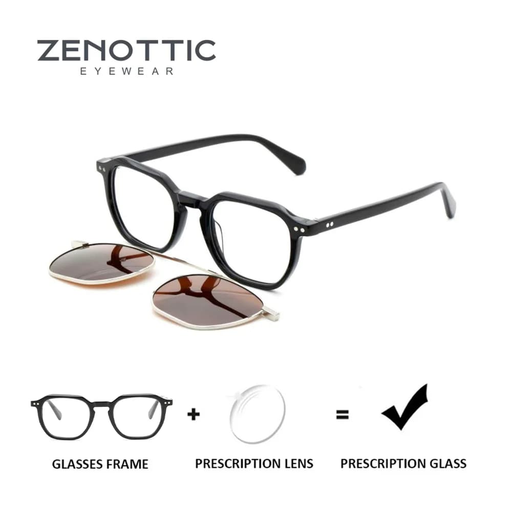 ZENOTTIC Magnetic Clip On Prescription Glasses Polygon Acetate Frame for Men Women Sun Glasses Attachment Myopia Lenses