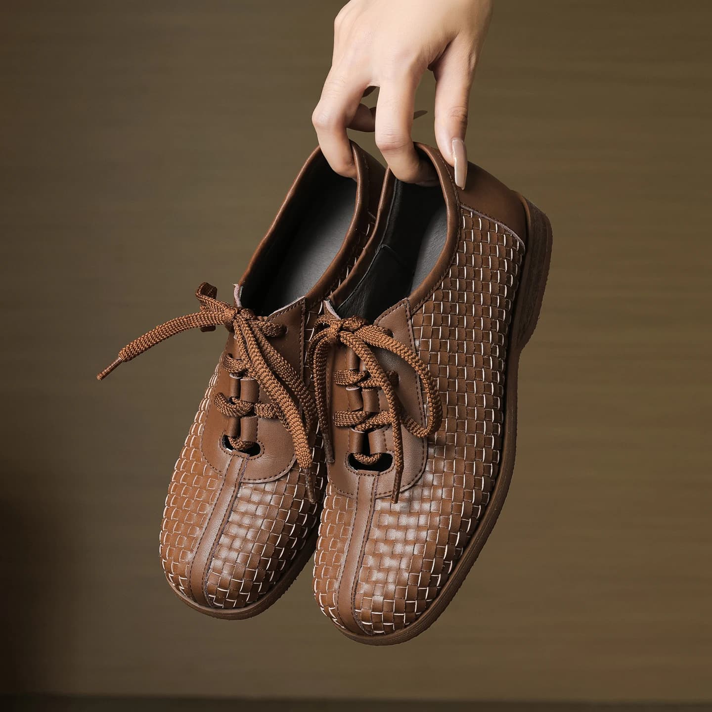 Genuine Leather Women's Shoes Weave women's Loafers Fashion Lace up flats round Toe oxfords soft comfortable Casual Shoes