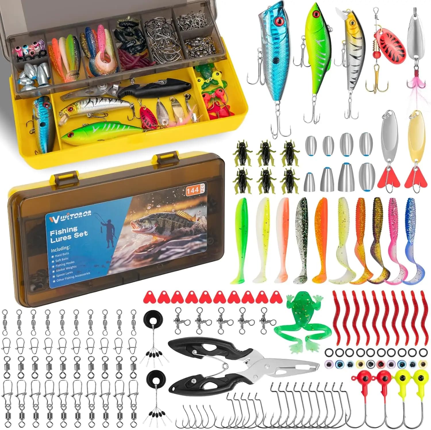 Kit di 144 Esche da Pesca con Scatola Porta Attrezzi, Crankbait, Esche Morbide, Ami da Pesca e Altro per Bass, Trota, Lucioperca