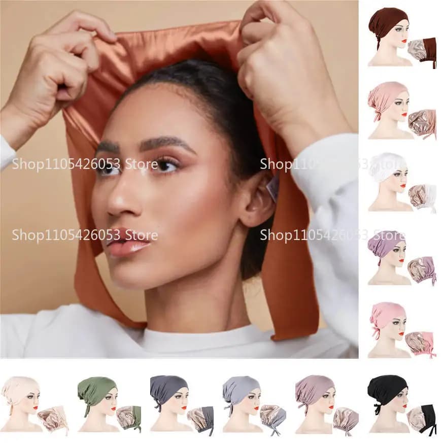 Double Layer Satin Lining Jersey Inner Hijab Cap Muslim Underscarf Bonnet Female Headband Caps Islam Ramadan Bandage