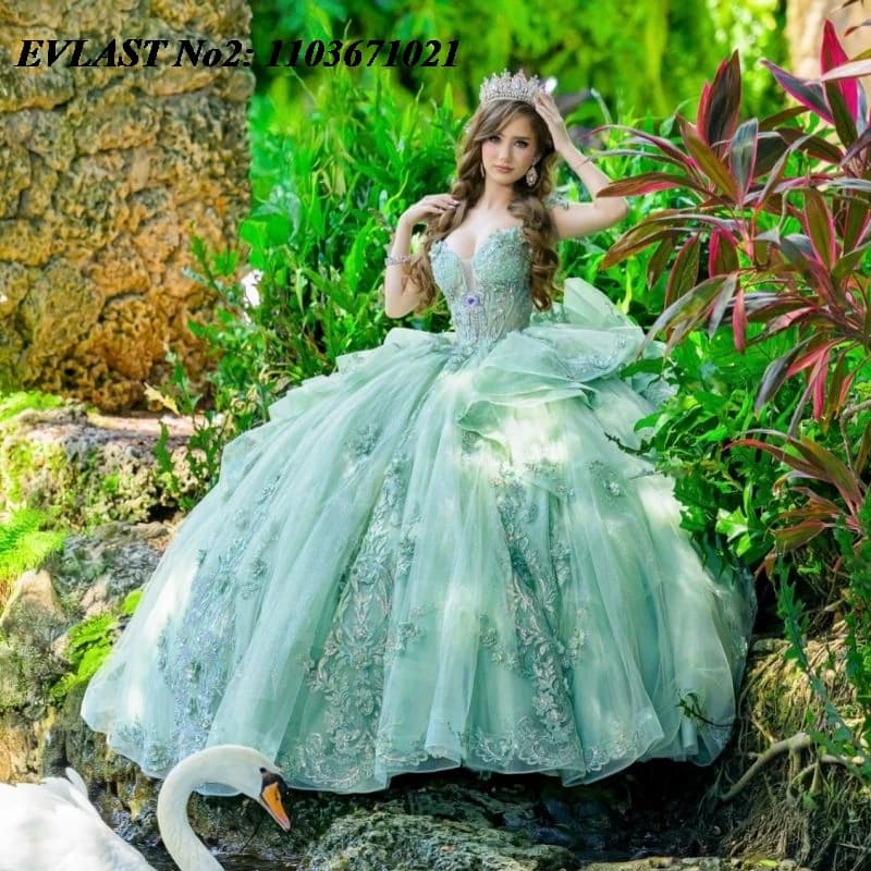 EVLAST Customized Princess Sage Green Qinceanera Dress Ball Gown Floral Applique Beading Bow Sweet 16 Vestidos 15 Anos E2QA338