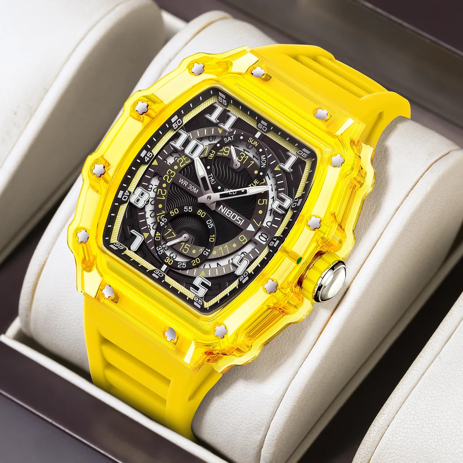 NIBOSI Men's Skeleton Watches Luxury Automatic Quartz Watches from Best Brands Silicone Strap Men's Bright Sports Watch Reloj Hombre