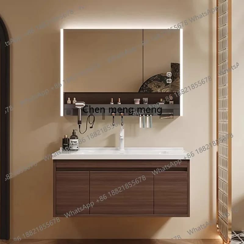 Lavabo integrato in ceramica color noce E182, mobile bagno combinato, specchio con vano portaoggetti, multifunzionale intelligente