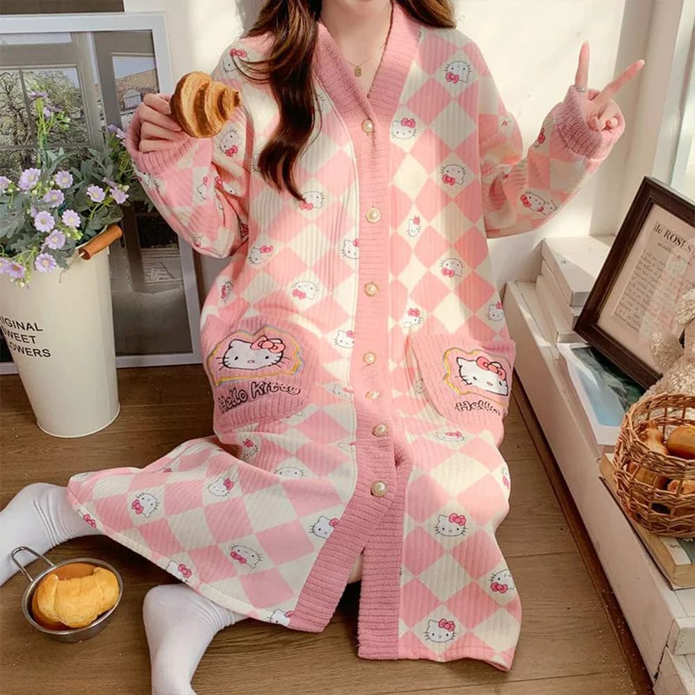 Sanrio Hello Kitty Women's Sweet Pajamas Autumn and Winter Thick Warm Cute Home Clothes Loose Cartoon Bathrobe Pajamas Gift2026