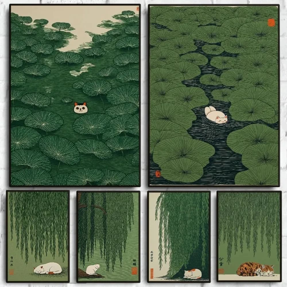 1pc frameless Canvas Painting Japanese Style Green Nature and Cat Poster Willow Tree Lily Pond Scenery Canvas Painting Wall Art