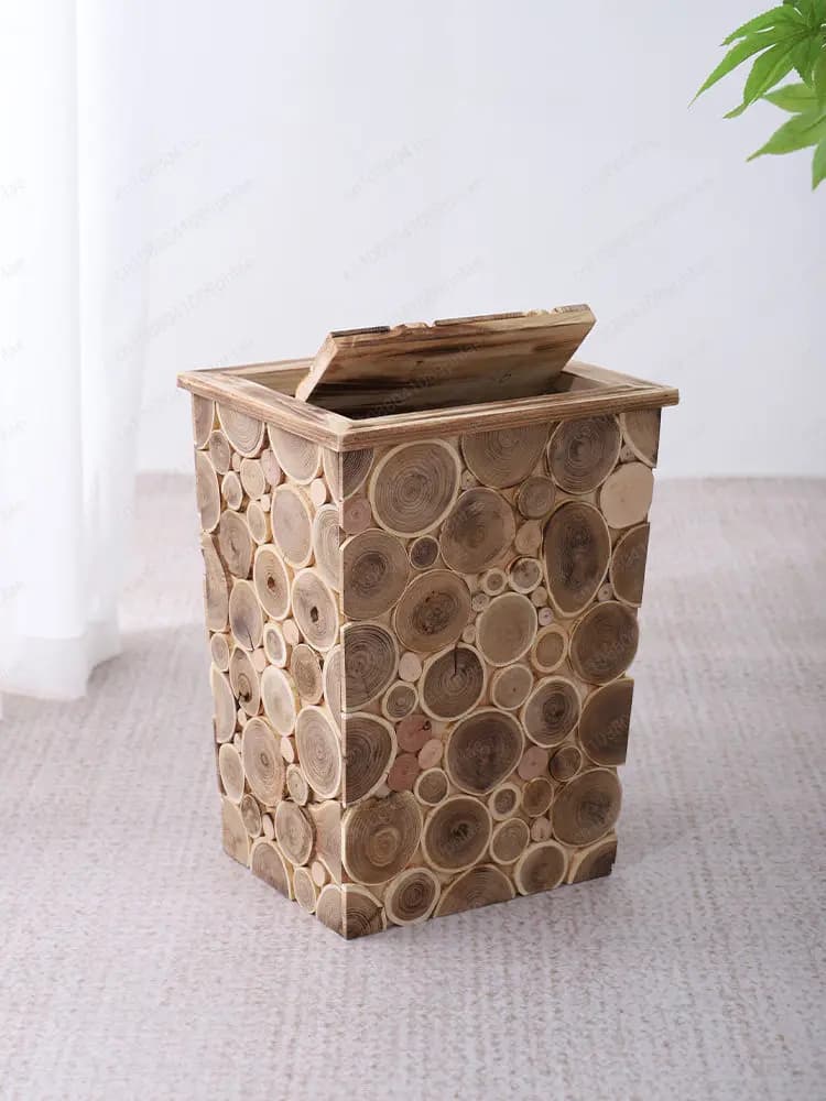 Nordic Wooden Trash Can, Large Living Room with Cover, Bed and Breakfast Hotel Decorative Trash Basket