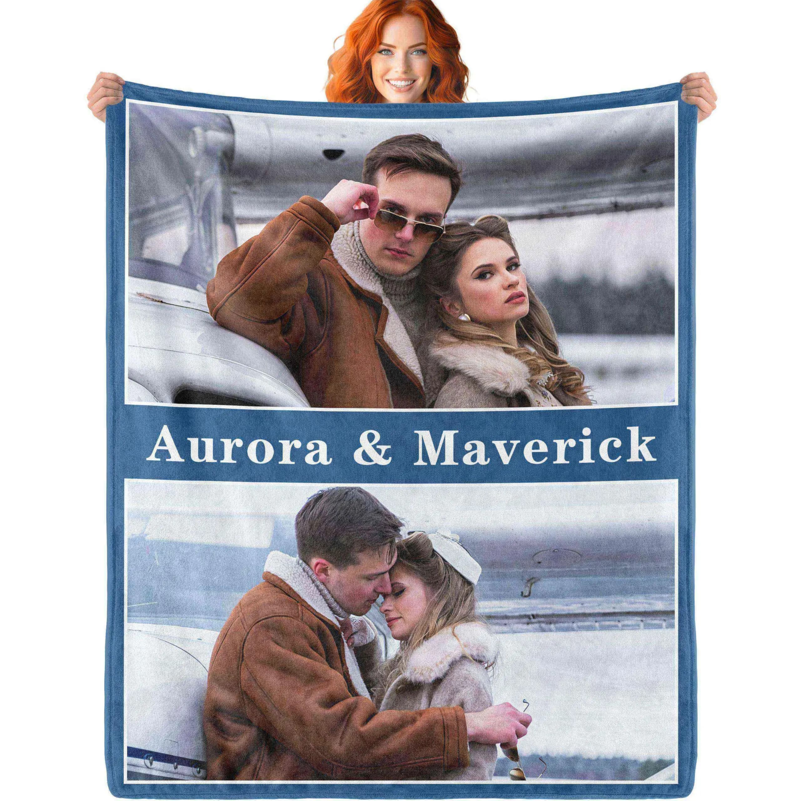 Custom Blankets with Photos & Text, Personalized Picture Blankets with 2 Photos
