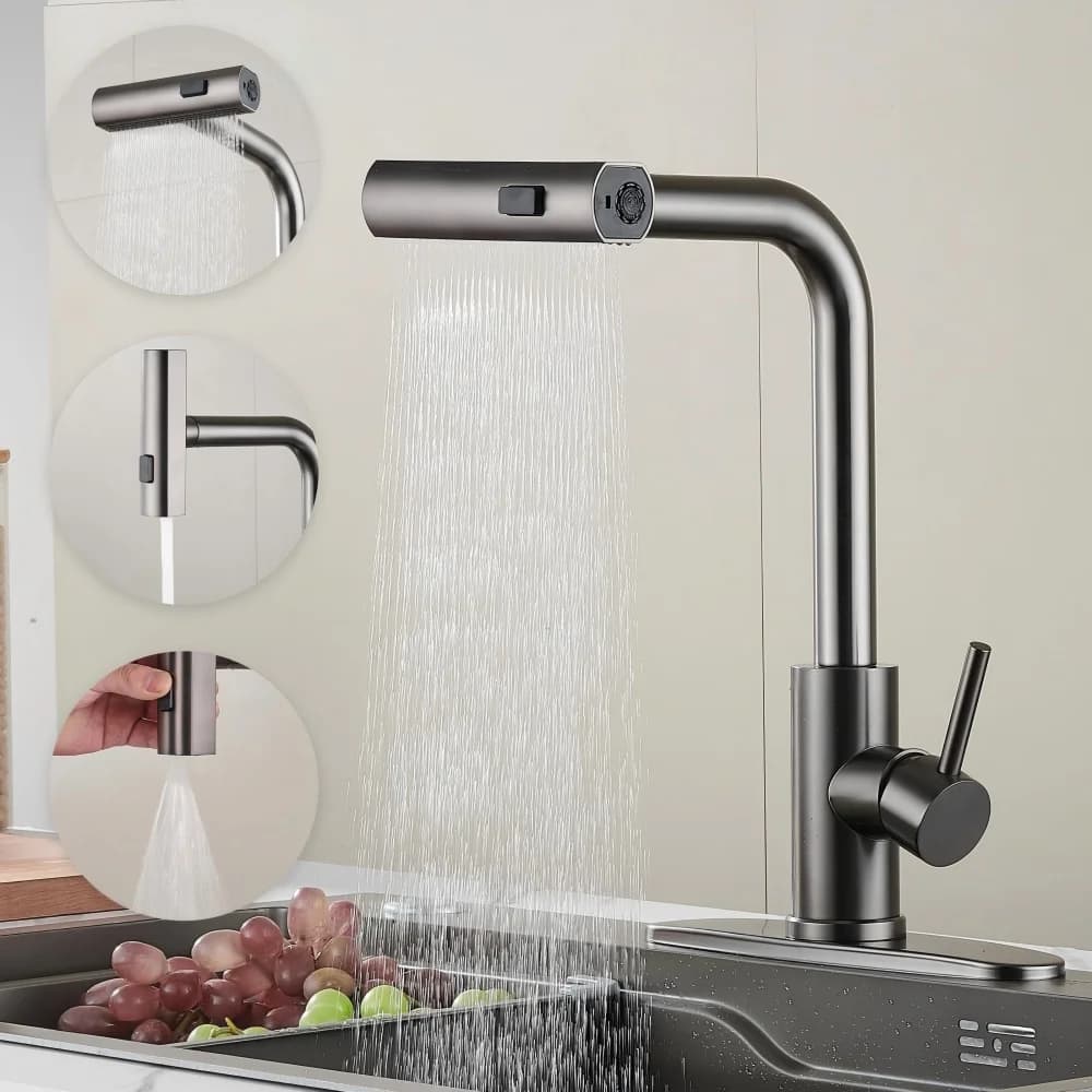 STARON Rubinetti da cucina Grigio Estraibile Rotazione Cascata Spruzzatore a flusso Testa Lavello Miscelatore Nichel spazzolato Rubinetto dell'acqua Accessorio