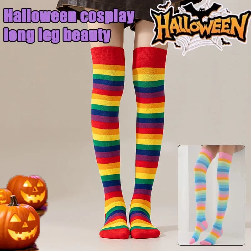 1 set di calze colorate a righe sopra il ginocchio, accessorio per costume cosplay da donna, calze lunghe arcobaleno per spettacoli e feste