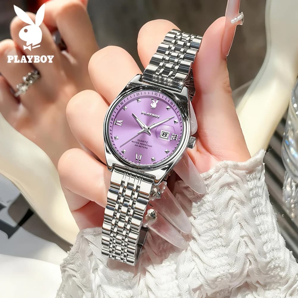 PLAYBOY 3556 Orologio con movimento al quarzo di marca di moda per donna, cinturino in acciaio con numeri romani, orologio con display luminoso impermeabile da 30 m