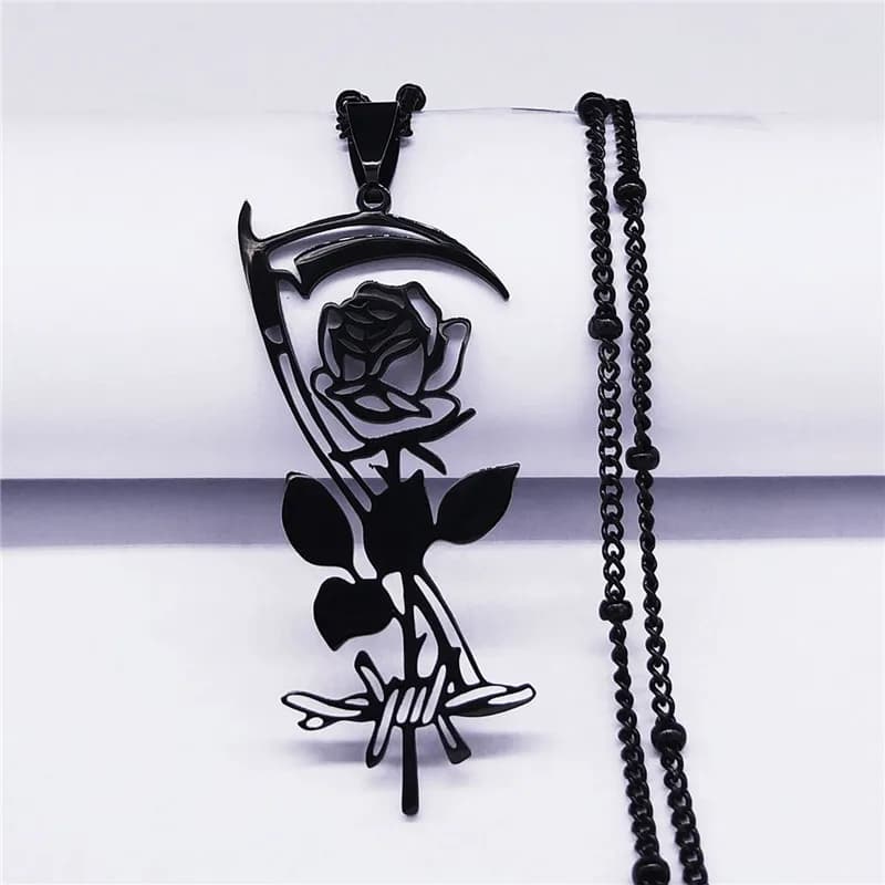 Goth falce Rose Flower collana per donna uomo acciaio inossidabile colore nero catena gotica gioielli estetici colier femme N3834S02