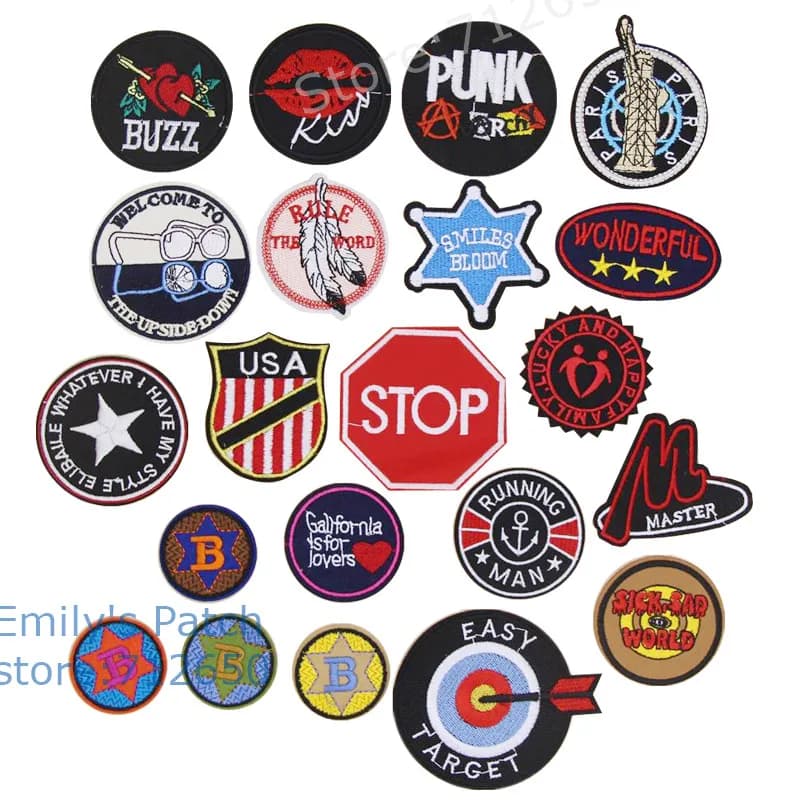 10 pezzi di parole di forma rotonda toppe ricamate termoadesive sul motivo applique per indumenti, cappelli, borse, distintivi ricamati, accessori fai da te