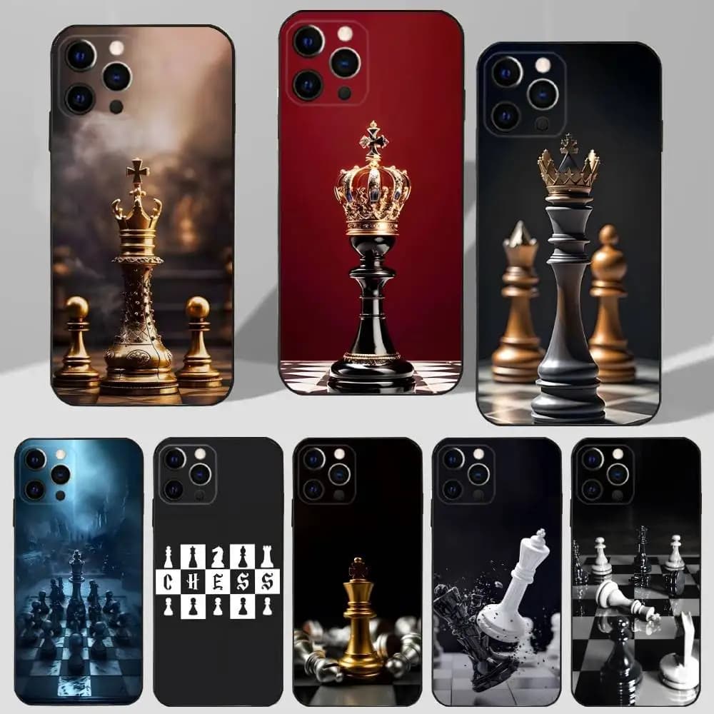 Custodia per scacchi con pezzi da tavolo per iPhone 16,15,17,14,13,12,11 Plus,Pro Max,XS,X,XR,SE,Mini,8,7 Cover nera in morbido silicone
