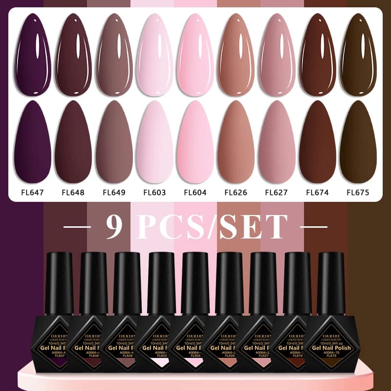 Set di 9 Smalti Gel per Unghie da 10ml, Rosa e Marrone, Senza HEMA e TPO, Semipermanenti, Soak-Off, Gel UV per Decorazione Unghie